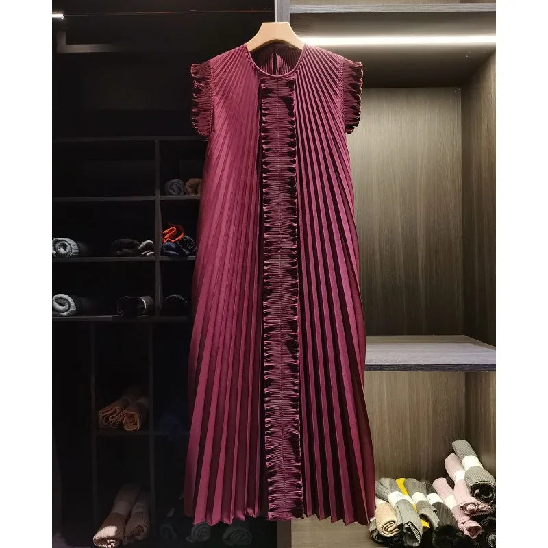 Miyake Pleated Solid Color Dresses High-End 2026 Ruffled Handmade Pleats Solid Color Fold Dress Summer Elegant Sleeveless Dress