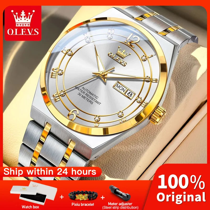 OLEVS 7068 Mens Watch Original Automatic Menchanical Wristwatch Waterproof Luminous For Men Sport Date Dual Calendar Design