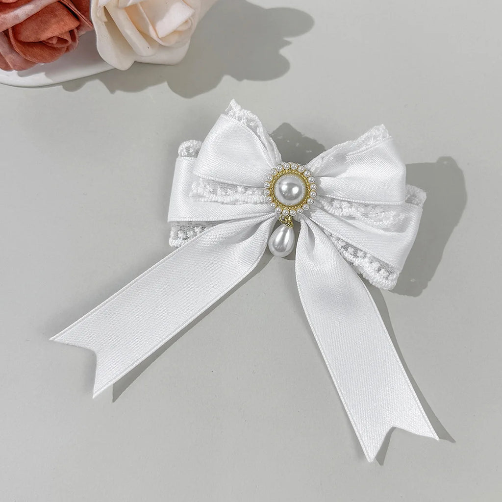 4pcs Pearl Lace Bow Hair Clip, Multi-color Satin Lolita Headpiece, Retro Sweet and Beautiful Style Hair Accessory