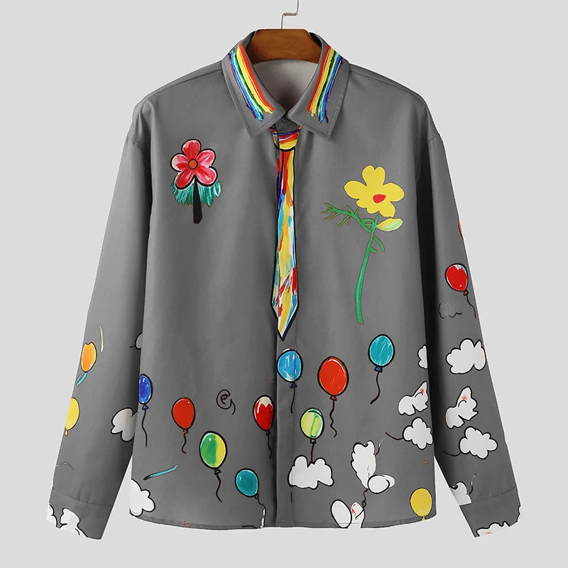 INCERUN Men Shirt Printing Lapel Long Sleeve Loose Men Clothing Streetwear Vacation 2026 Fashion Casual Tops Male Shirts S-5XL