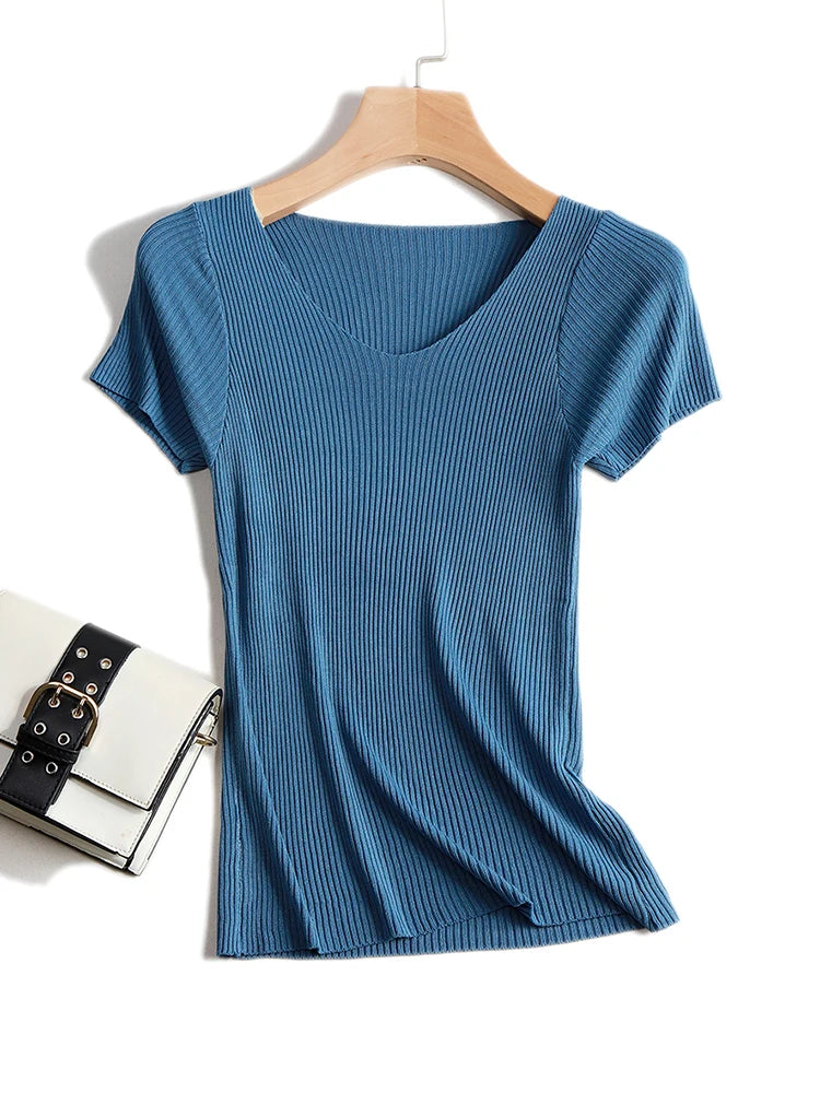 Pullover knitted Short Sleeve knitted Sweater Women Spring Summer Slim Basic Solid Casual Base Female knitting shirts 2024 Korea