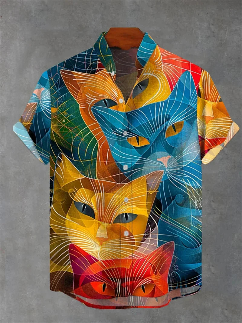 2025 New Men's Shirt With 3D Printed Cat Casual Short Sleeved Top, Fashionable Lapel Button Up Shirt Made Of Linen