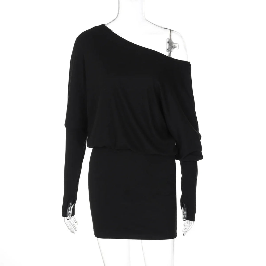 Women's Off-Shoulder Mini Dress Long Sleeve Oblique Neck Bodycon Sexy Short Fashion for Party Club Fall Winter
