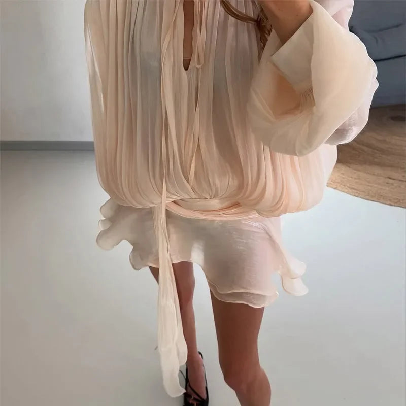 Elegant Shiny Pleated Mini Dress Women Lantern Sleeve Lace Up V Neck Vestidos 2026 Lady Spring New Evening Party Vacation Robes