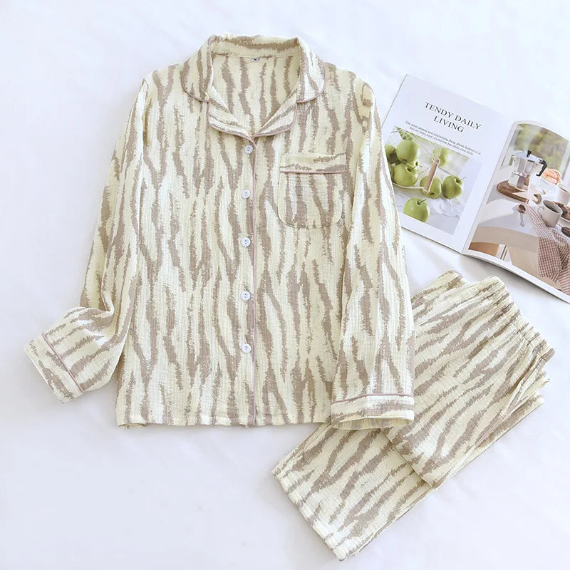 2026 Spring and Autumn Women's Pajama Set 100% Cotton Crepe Long sleeved Pants Two piece Cute and Sweet Home Fury Set Ladies