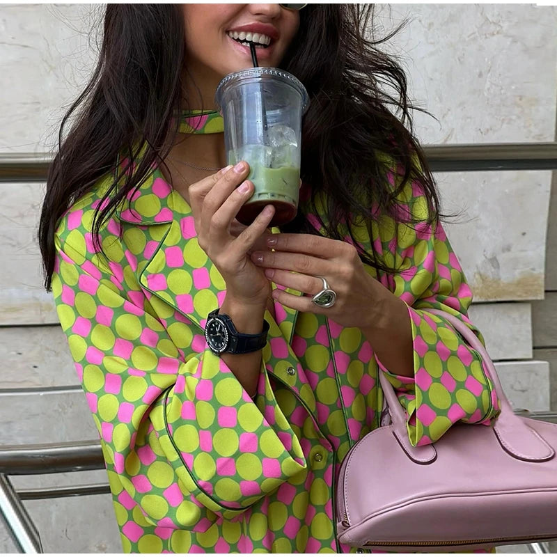 Vacation Geometric Printed Loose Pants Set Women Lapel Full Sleeve Pocket Shirts Wide Leg Pant Suits 2026 Autumn Street Outfit