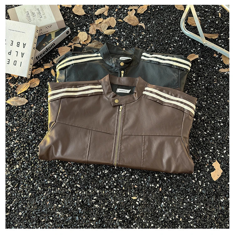 Men's Brown Leather Jacket American Retro Patchwork Striped Outerwear Youthful Style Summer Biker Coat Long Sleeve Zipper Clo...