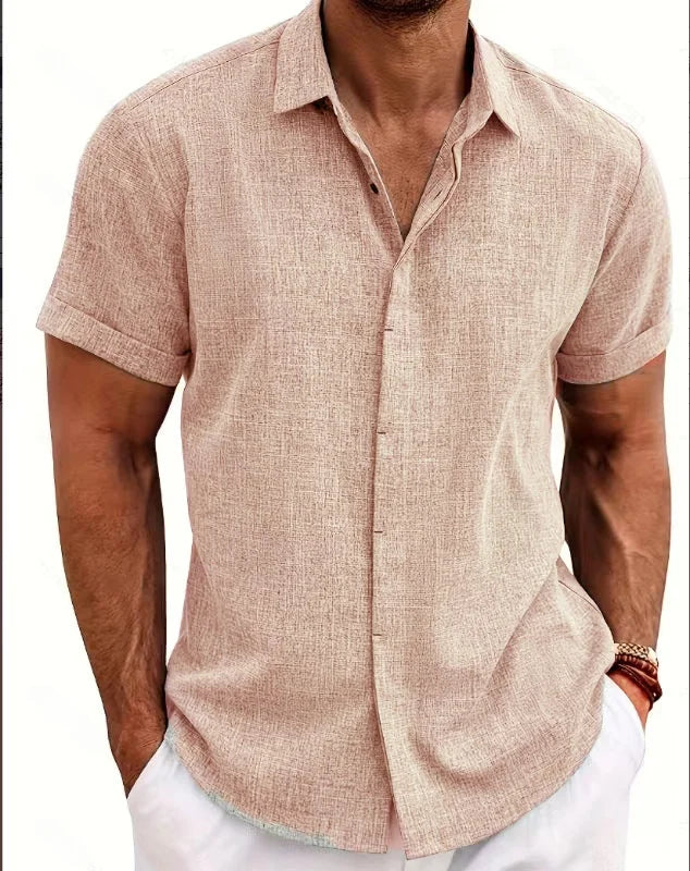 Men's Casual Beach Lightweight Linen Sve Shirt Color Standard Fit Short Sleeve Cleanfit PU Leather Inner Wear Pure Color