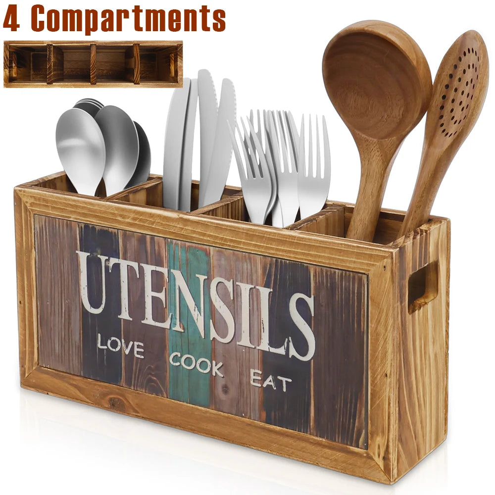 4 Compartments Countertop Utensil Holder Wood Kitchen Storage Box Spatula Chopsticks Spoon Fork Storage Holder Cutlery Organizer