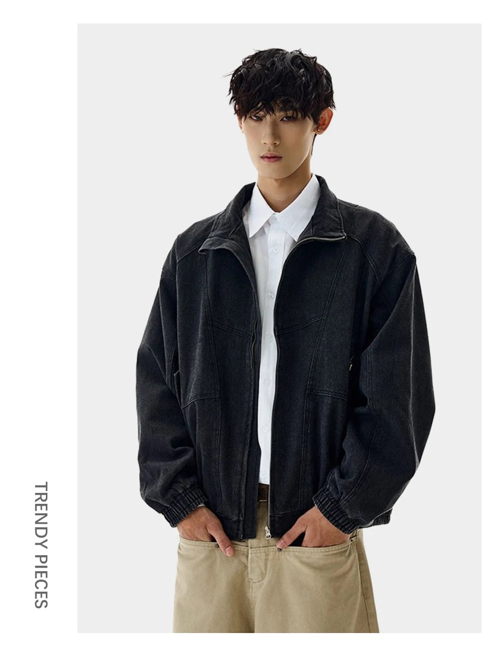 Spliced Denim Jacket Mens Washed Distressed Retro Casual Loose Long Sleeve Stand Collar Pocket Outerwear Man