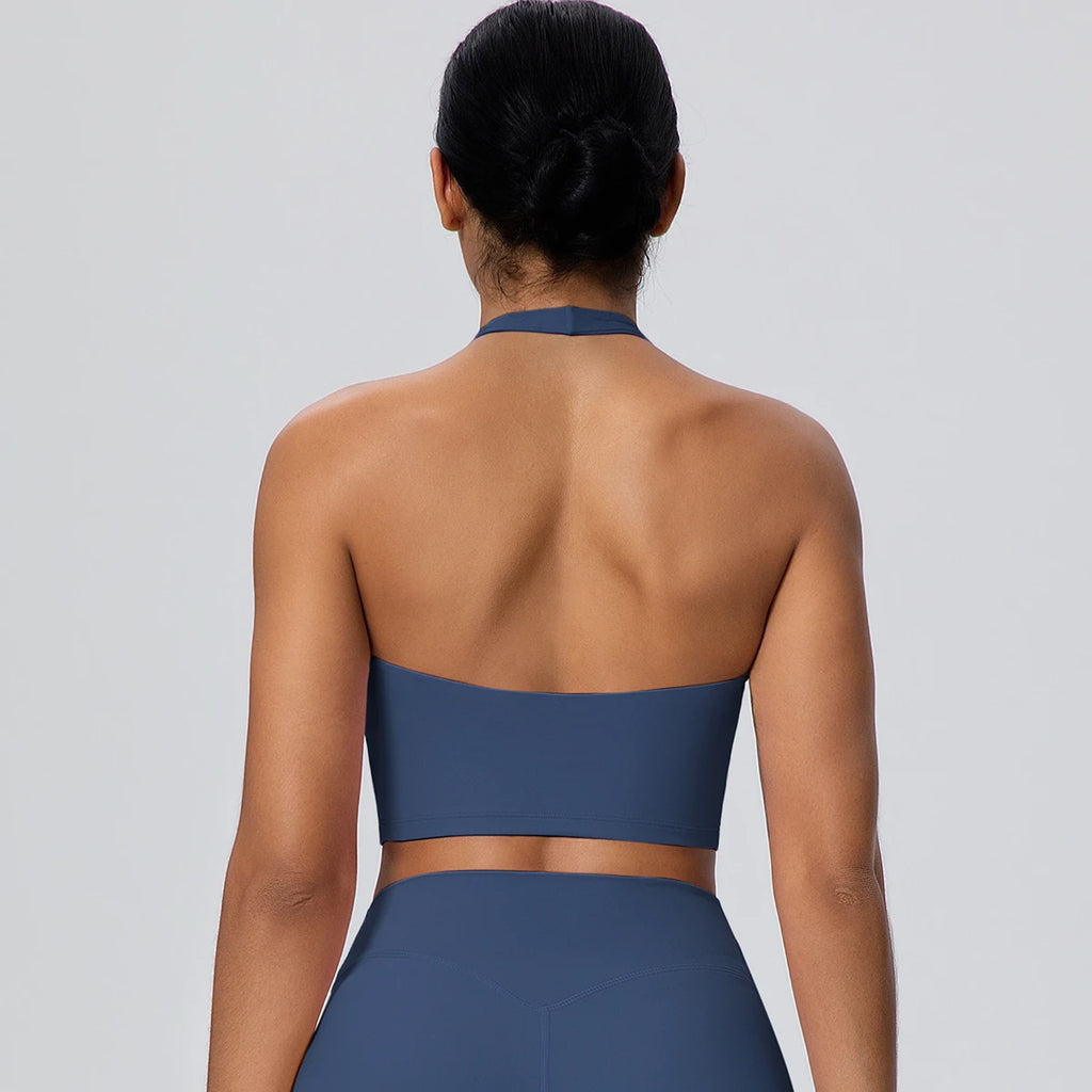 Woman Solid Color Sexy Neck Strap Bra Yoga Underwear With Chest Pad Backless Gather Shockproof Gym Workout Top Sports Yoga Bra
