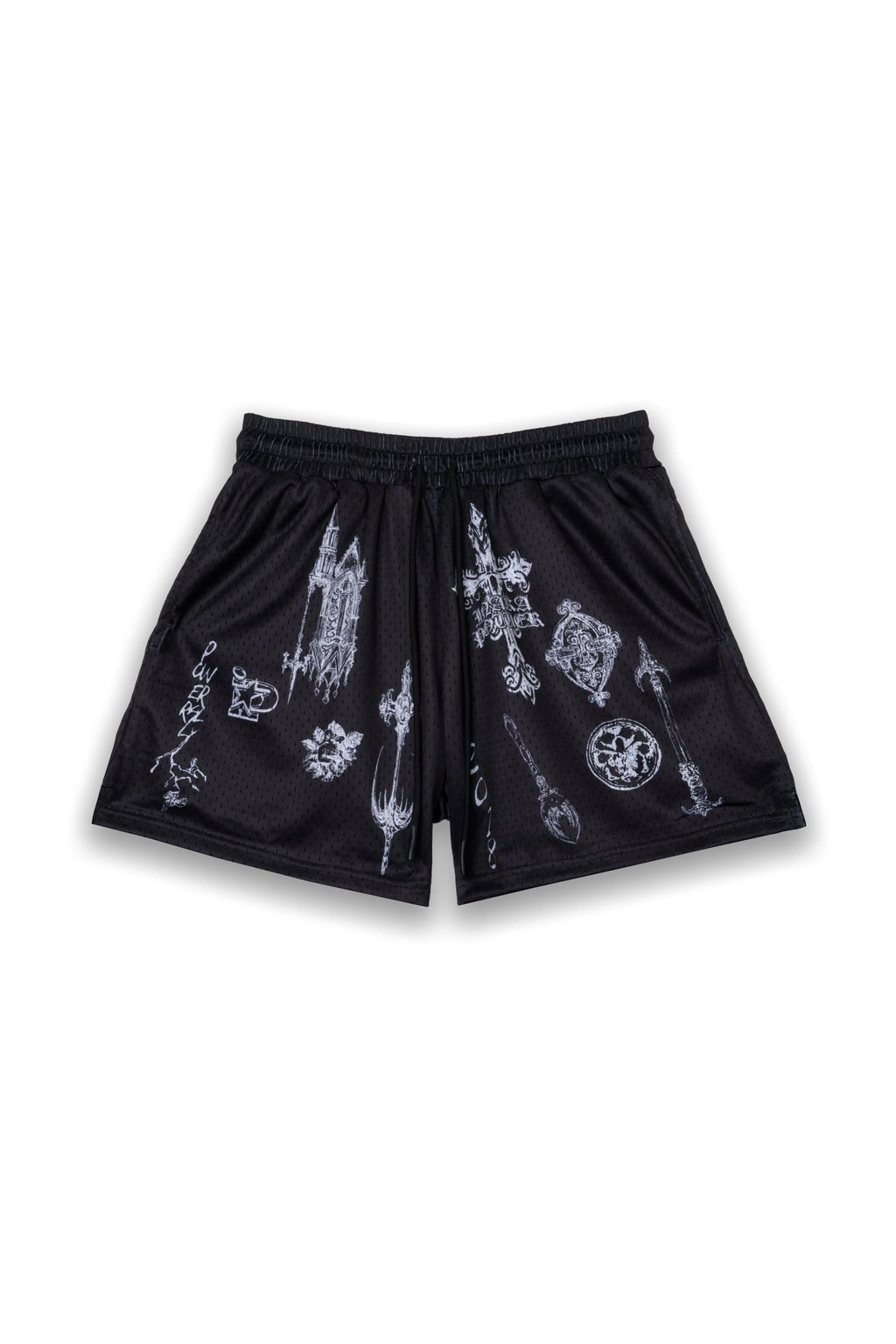 2026 Summer Y2K Gothic Weapon Print Mesh Shorts Men Breathable Streetwear Elastic Waist Casual Gym Lightning Pattern Shorts