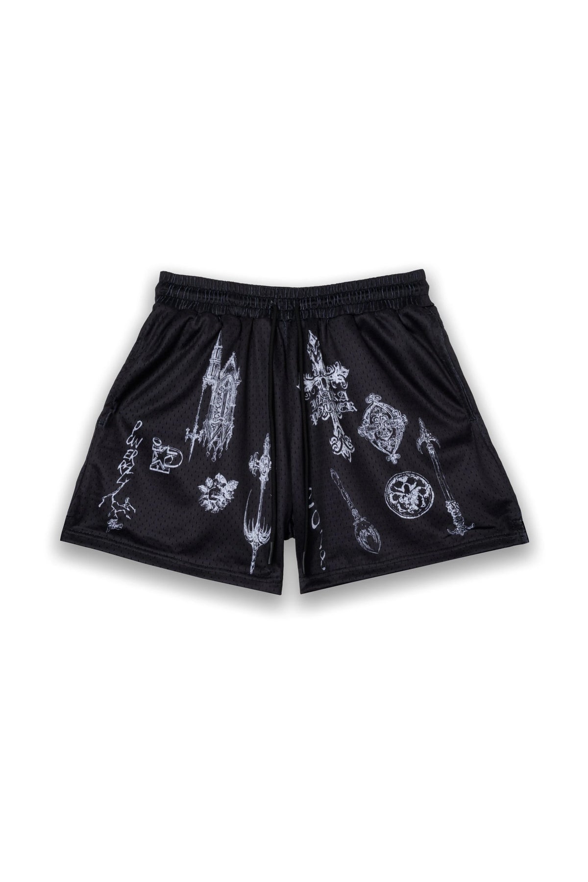 2026 Summer Y2K Gothic Weapon Print Mesh Shorts Men Breathable Streetwear Elastic Waist Casual Gym Lightning Pattern Shorts