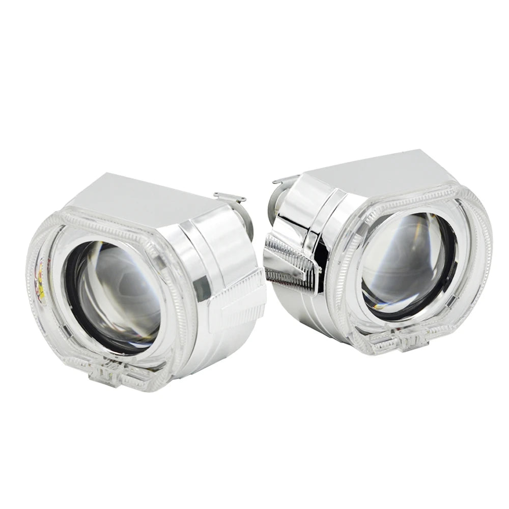 2.5 Inch Mini Bi Xenon Hid Projector Lens DRL LED White Angel Eyes Silver Shrouds Fit H4 H7 Retrofit Car Assembly Kit Demon Eyes