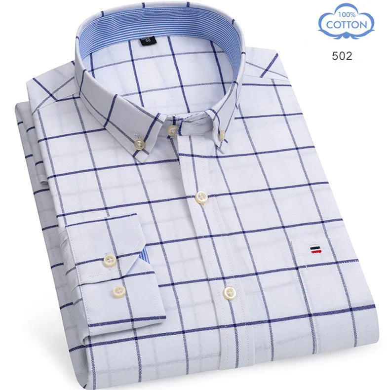 2025 Men's Social Shirt Pure Cotton Oxford Luxury Brand Thin Soft Buttoned Plaid Formal Work Western Clothing