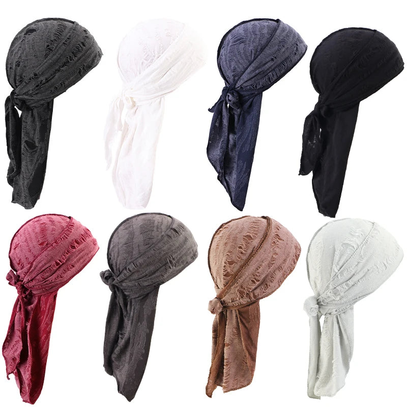 New Punk Style Cotton Durag Headband Elastic Knit Fabric Long Tail Pirate Cap for Men Cycling Head Scarf