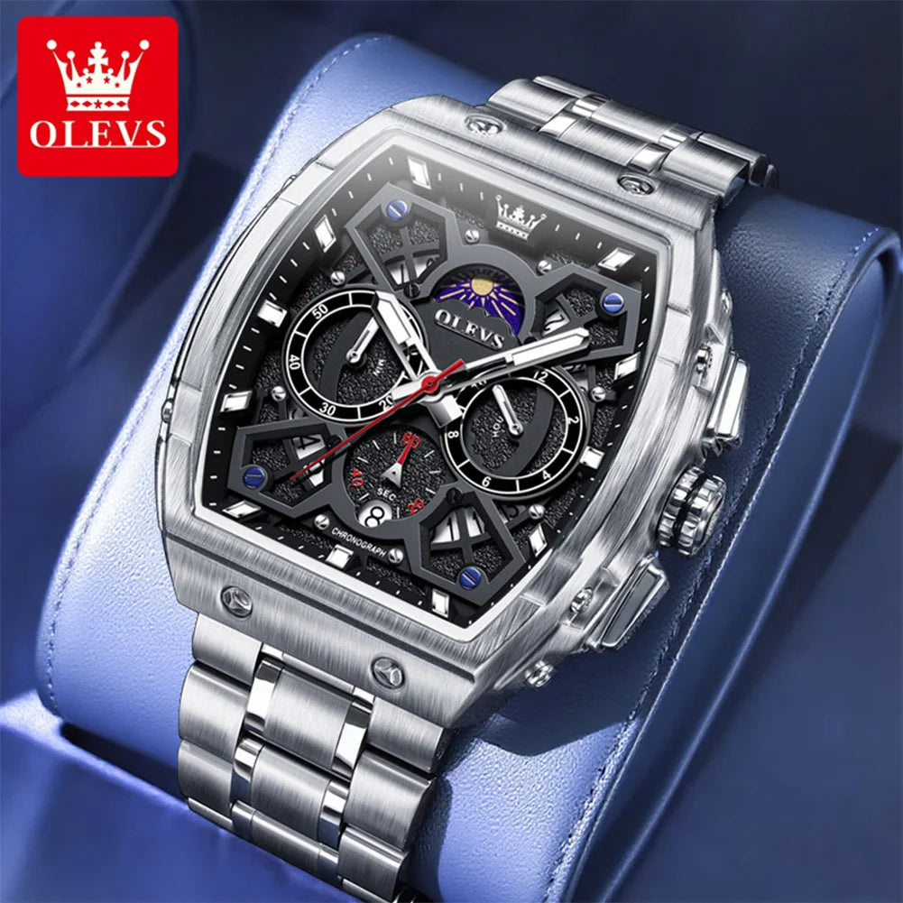 OLEVS 2942 New Mens Watch Tonneau Quartz Watch Stainless Steel Waterproof Sports Moon Phase Date Watches For Man Original Reloj