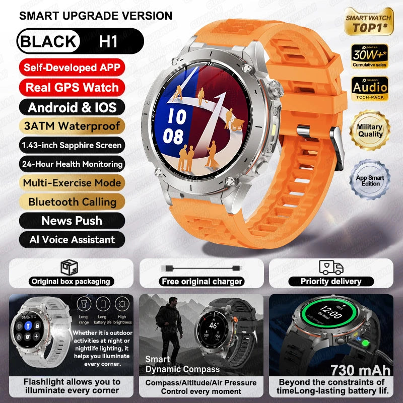 2026 New GPS Smart Watches 10 ATM Waterproof Built-in Dual-band GNSS Compass Military Sport Men SWIM Smartwatch For Android IOS