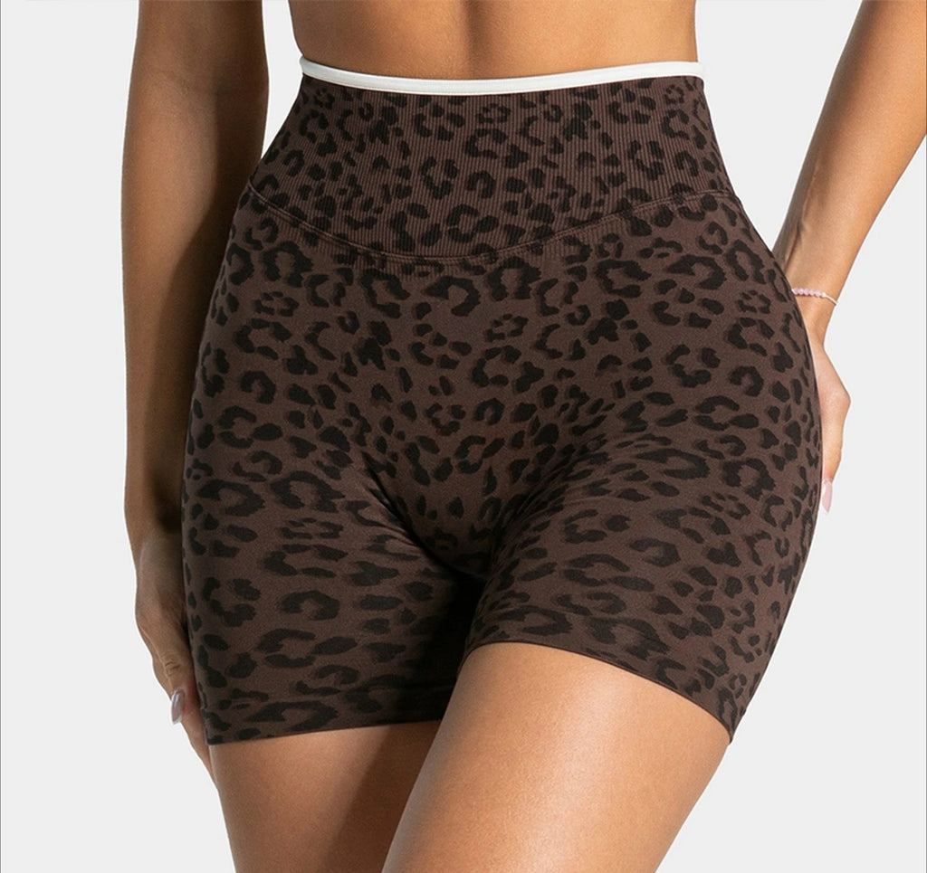 Custom LOGO women's hot-selling in high waist belly leopard print  colors seamless yoga hip lift tight running sports shorts