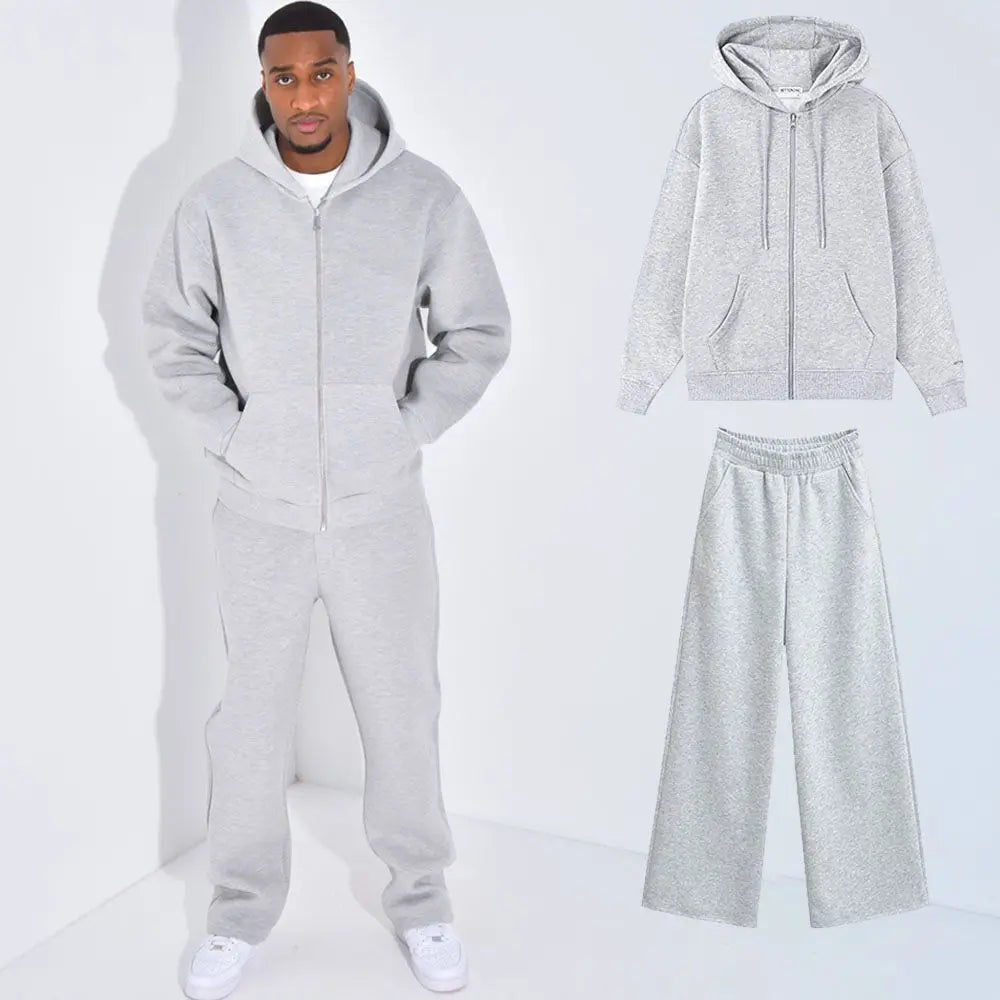 Mens Oversized Zip Up Hooded Jacket Elastic Cuff Jogger Pants Two Piece Casual Tracksuit Set