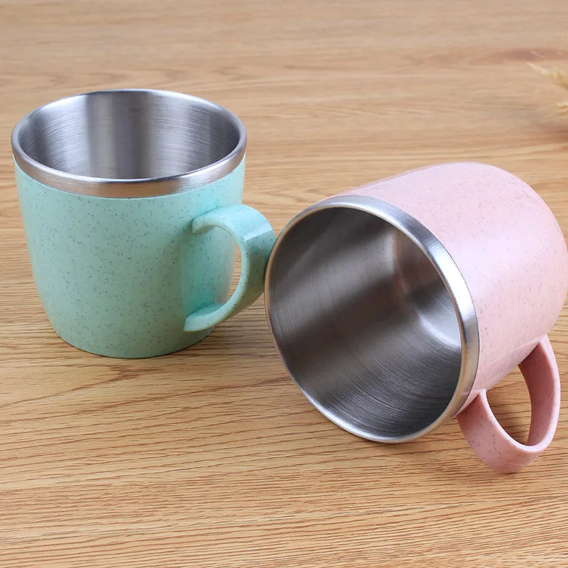 Double Layer Stainless Steel Water Cup Anti-scalding Coffee Milk Mug Tea Drinks Water Cups with Plastic Handle Office Tumbler