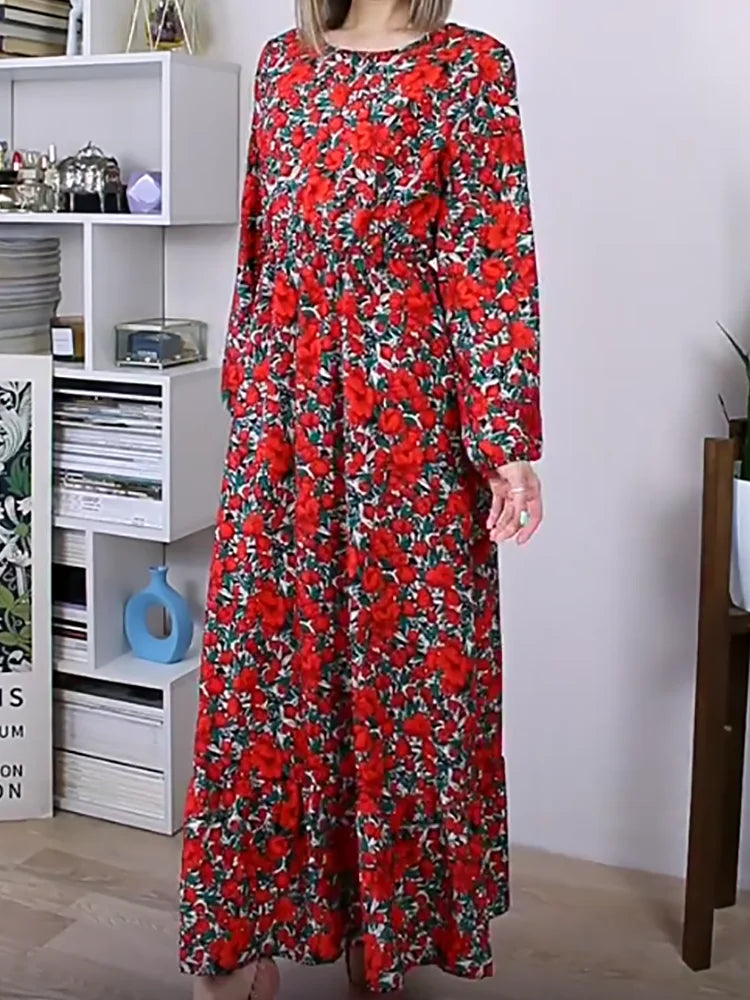 ITOOLIN Woman Round Neck Long Sleeved Shirt Flounce Floral High Waisted A-line Dress Vintage Printed Elastic Long Dress