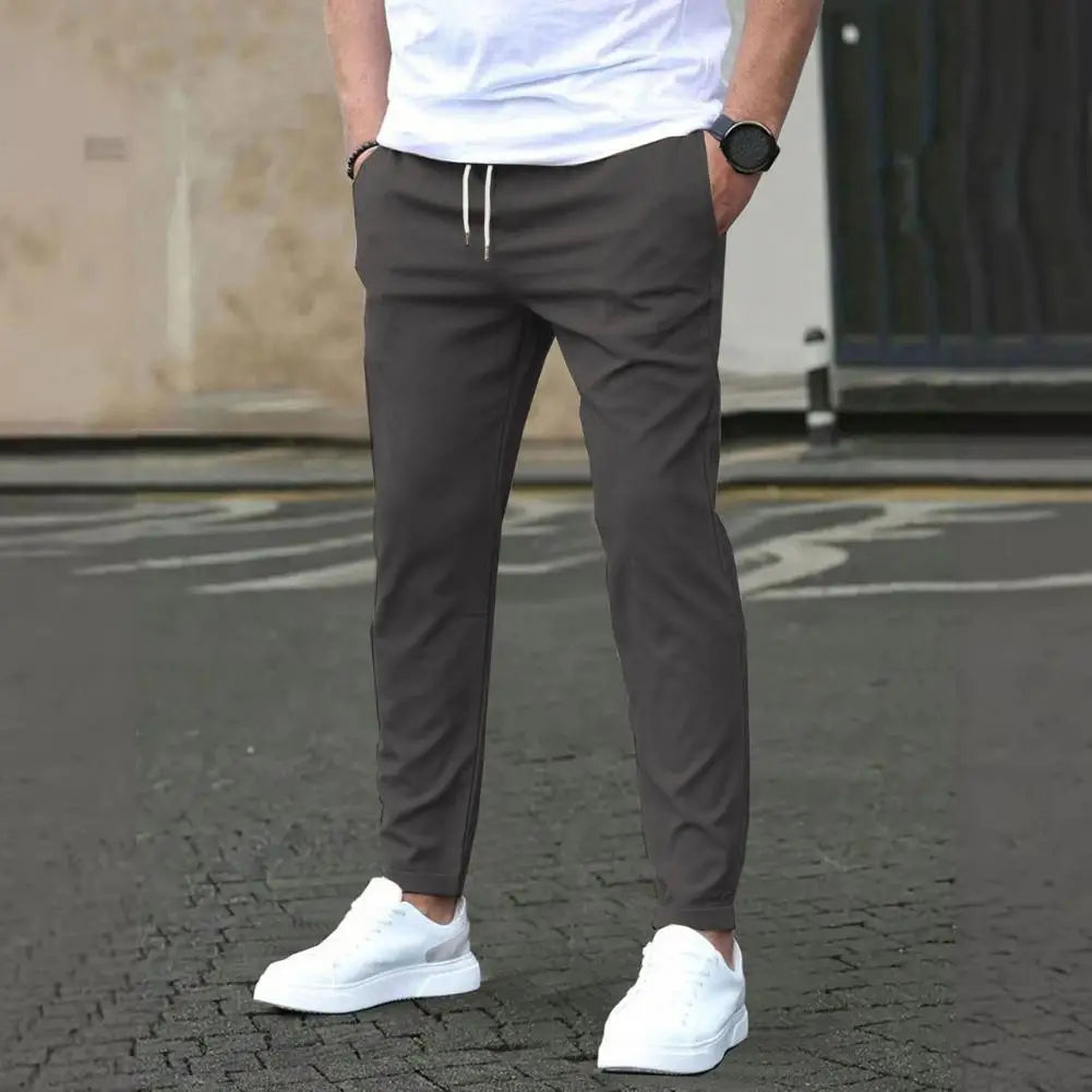 Slim Fit Pants Stylish Men's Slim Fit Drawstring Pants with Side Pockets for Commuting Travel Gym Elastic Waist Casual Trousers
