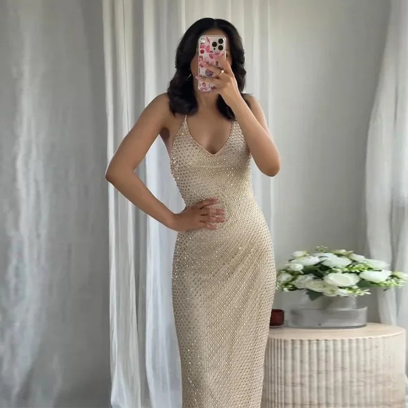 Stylish Rhinestones Dresses Elegant Women Sleeveless Backless Glitter Hip Package Dress 2025 New Crystal Lady Evening Party Robe