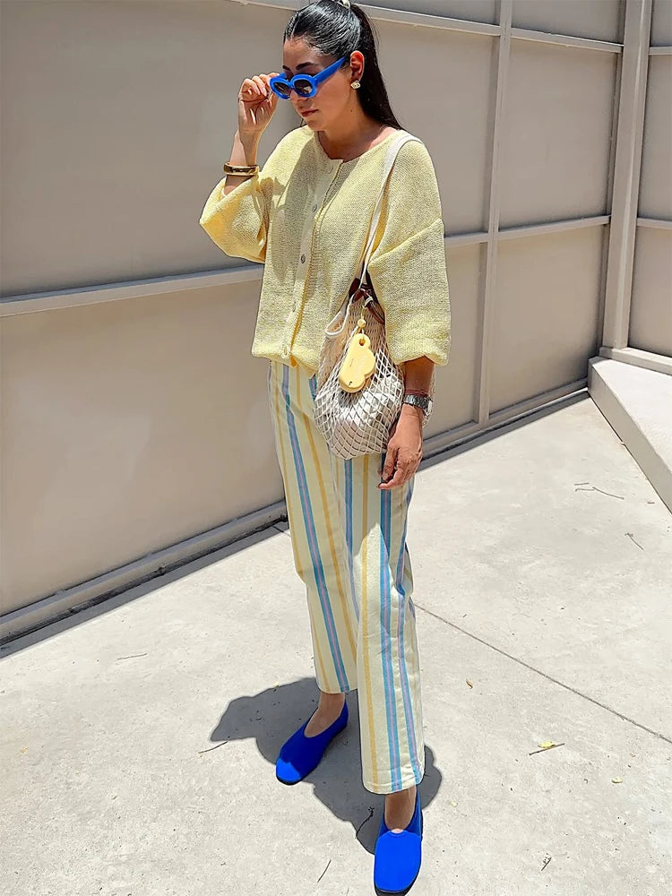 Women‘s Colorful Striped Pant New Summer Straight Multicolor Wide Leg Long Pants Casual Fashion Streetwear Female Outfit 2026