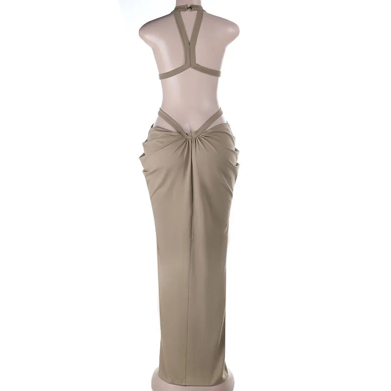 Halter Cut-Out Draped Super-Cut Back Bare Elegant Party Maxi Dress Waistless Backless Sleeveless Khaki Evening Prom Long Dress