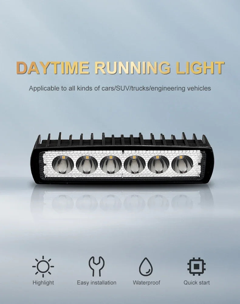 18w 6 LED Car Work Light High Bright Spotlight Universal Offroad Automobile Truck Driving Fog Headlights DRL Driving Lamp 12V