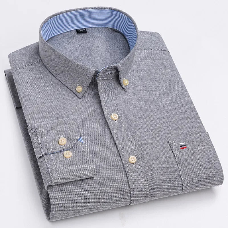 Men's 100% Cotton Smart Casual Shirt Long Sleeve Plaid Oxford Casual Solid Color Print Regular Fit Dress Shirt Oversized  6XL