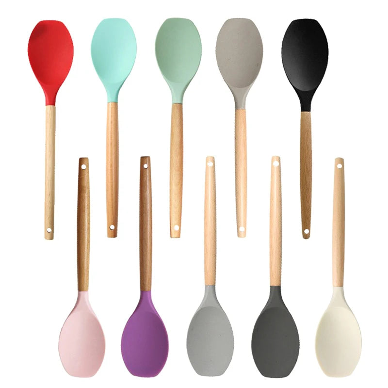 1Pc Silicone Spatula Scoop With Wooden Handle Salad Agitator Pot Scoop Home Cooking Utensils Kitchen Gadgets