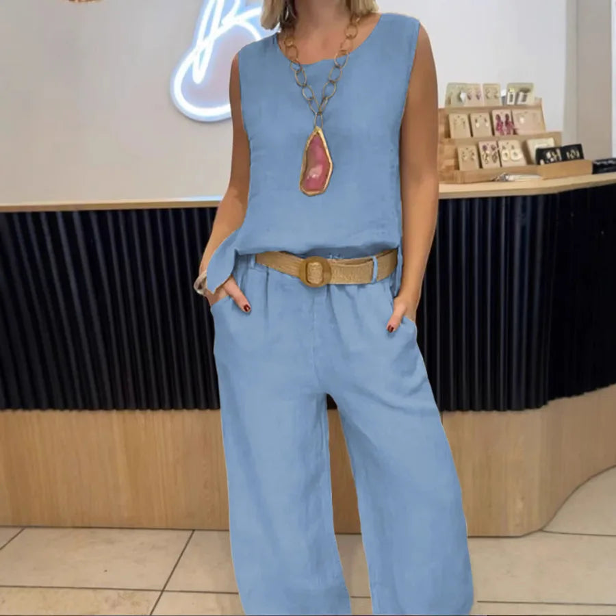 Summer Fashion Retro Casual Solid Color Cotton Linen Suit Women's Sexy O-neck Sleeveless Vest + Trousers Suit Two-piece Suit