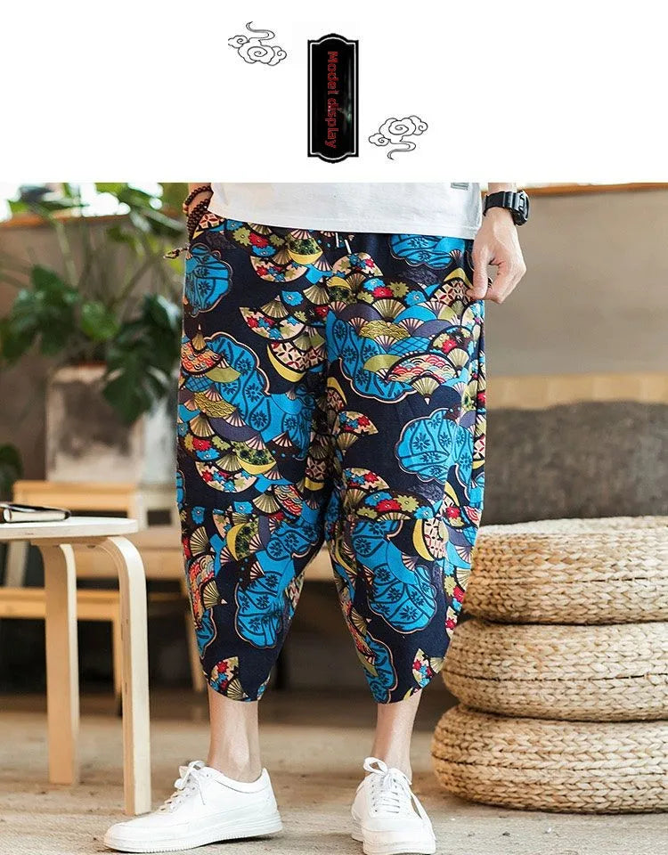 Men's Casual Cotton Linen Seven-Foot Pants Summer plus Size Lantern Loose Fit Shorts Harlan Style Comfortable Breathable Leis...
