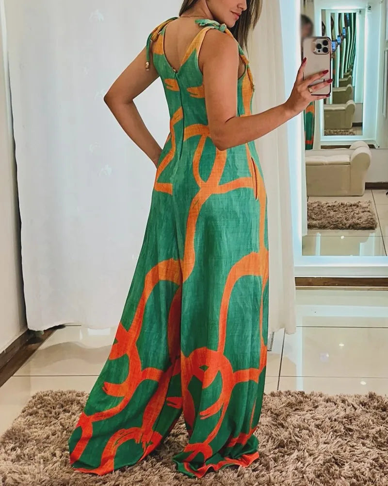 Summer European-style Printed V-neck Tie Jumpsuit, Pocket Vest, Wide-leg Jumpsuit