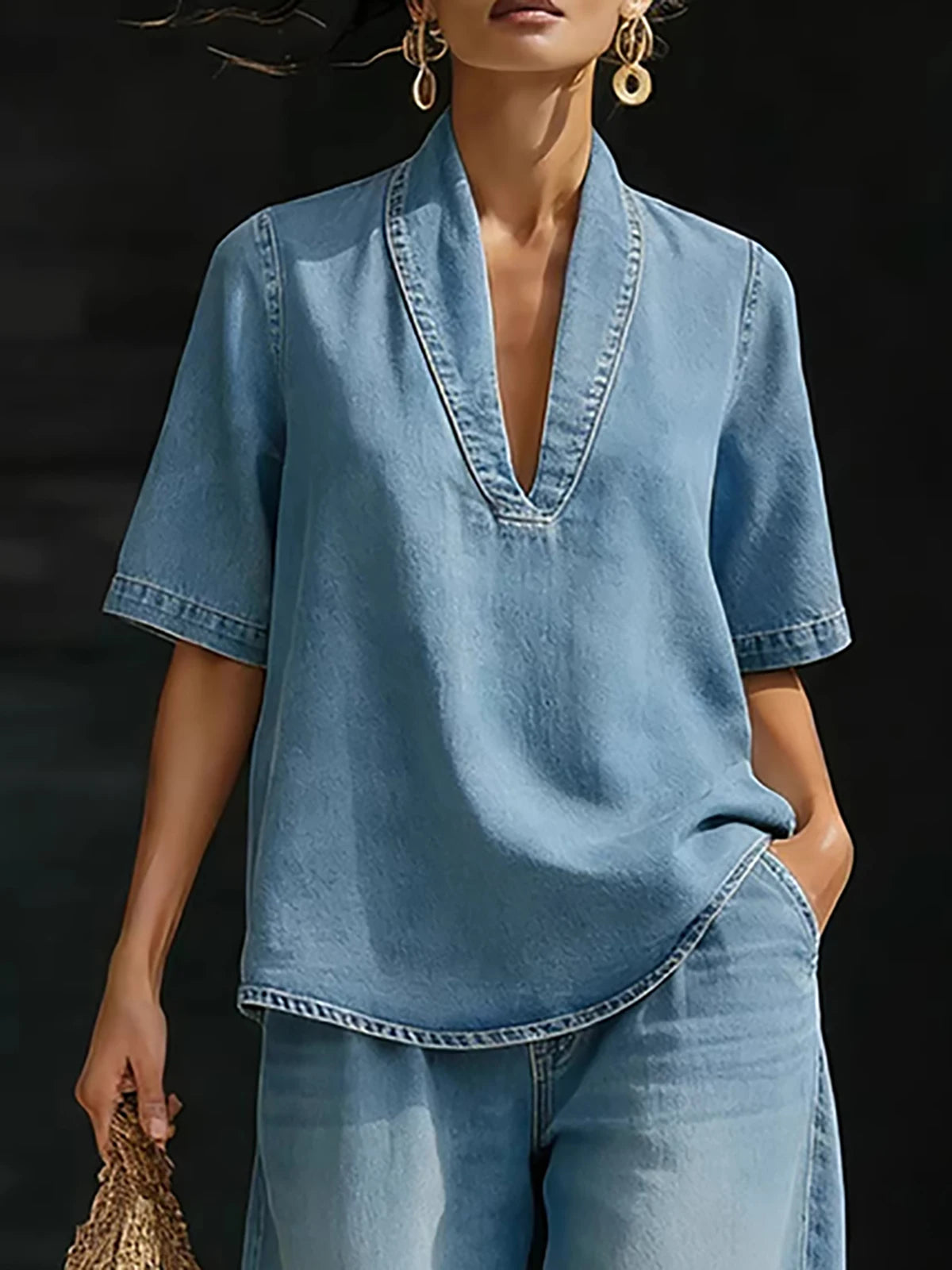 Women Denim Two Piece Set V Neck Half Sleeve Top T-Shirt Loose Wide Leg Pants Casual Outfit Streetwear Fashion Summer Suit Sets