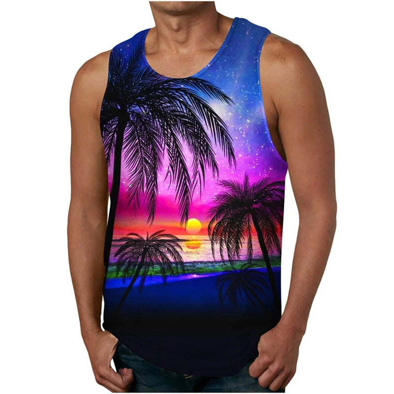 vintage Summer 3D New Coconut Trees Printed Tank Top Tropical Leaves Graphic Tank Tops Men Fashion Cool Streetwear Clothing Vest