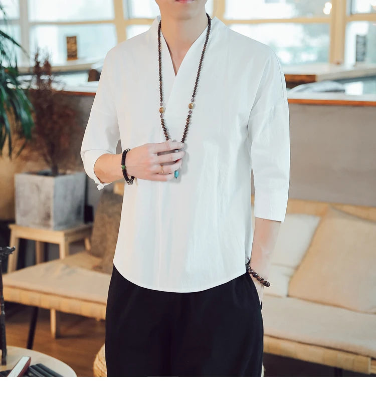 Summer Kimono Japanese Style Short Sleeve Men New Half-sleeved Cotton Linen Breathable Men Clothing T-shirt Japanese Yukata Tops