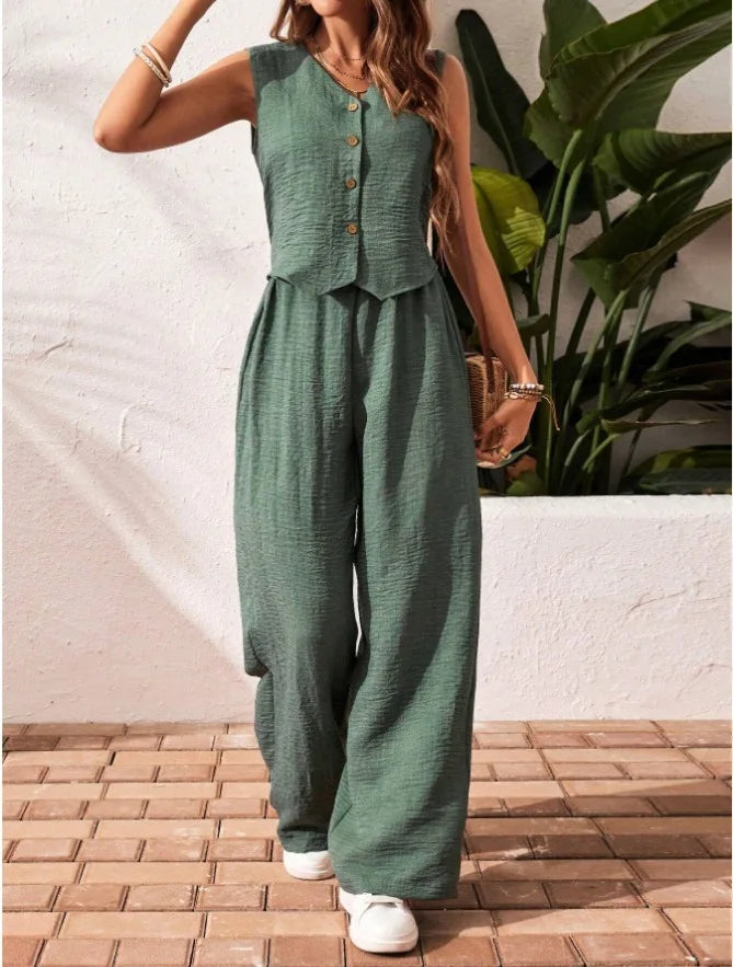 Two-piece Ladies Set 2026 Summer New Versatile Sleeveless V Neck Vest Tops Suits Fashion Casual Loose Tops Wide Leg Pants Sets