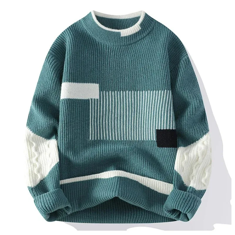 KIDWHXR 2026 Autumn Winter Men Sweaters Contrast Color Round Neck Male Knitted Tops Loose Long Sleeve Man Casual Pullovers