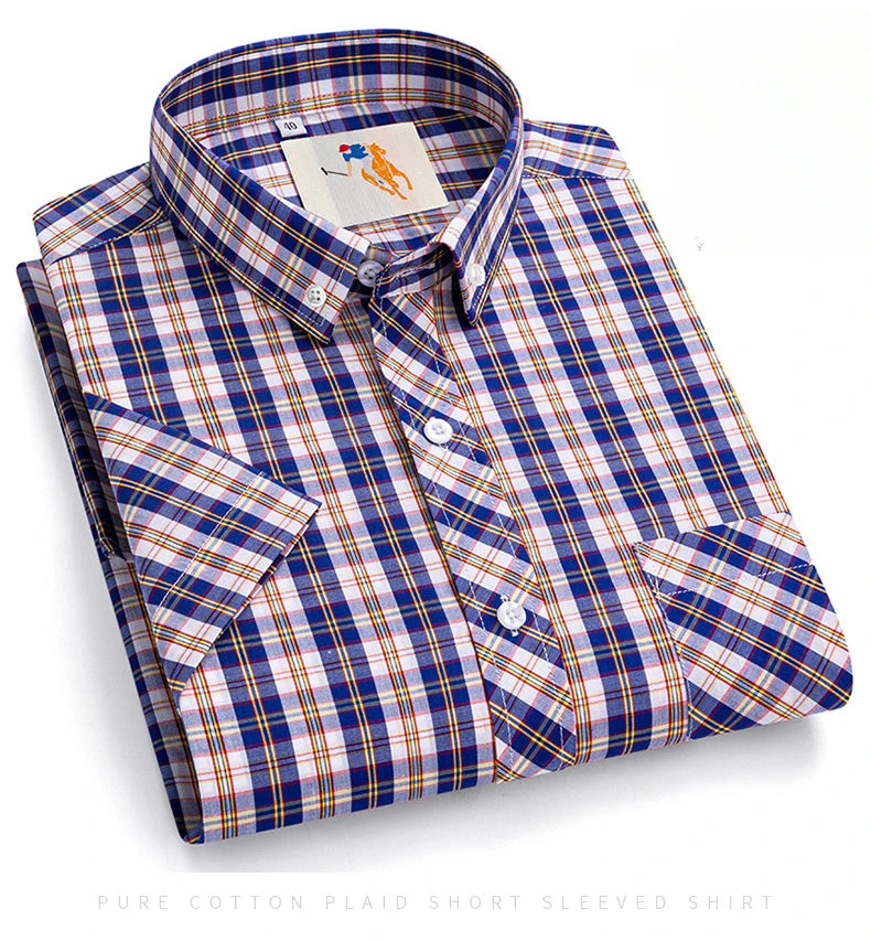 Fashion Korean Plus Size 8XL 100%Cotton Short Sleeve Shirts for Men Slim Fit Formal Plain Shirt Plaid Hawaiian Shirt Casual Top