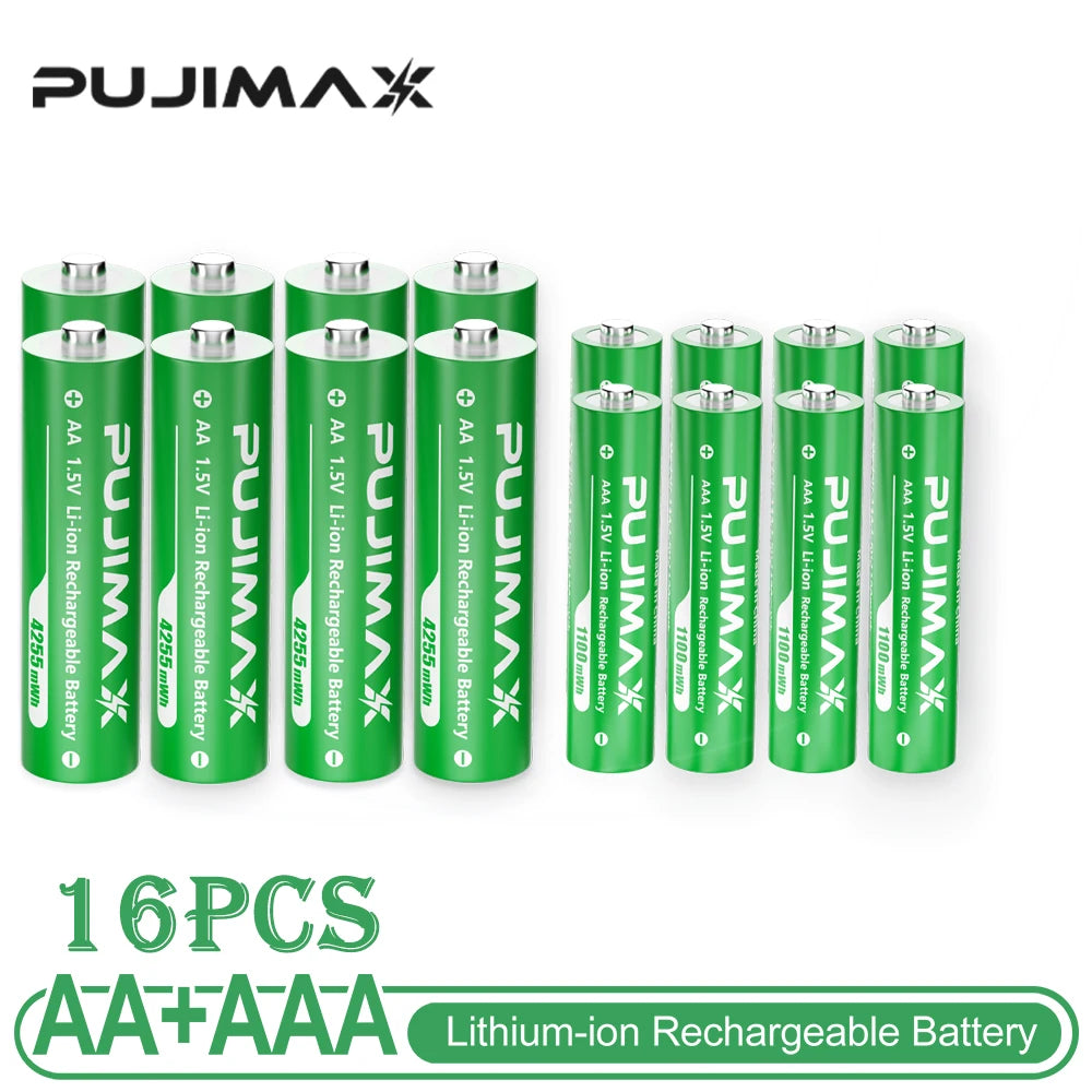 PUJIMAX Lithium-Ion Rechargeable Battery High-Capacity 1.5V 4255mWh AA&1100mWh AAA Battery for Remote Control Mouse Electric Toy