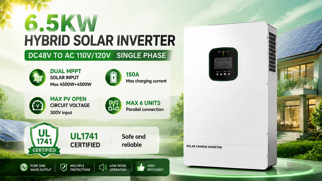 UL1741 Certified 6.5KW Hybrid Solar Inverter With CT Limiter ON/OFF Grid 48V DC to 110V/120V Dual MPPT Solar Input 300V