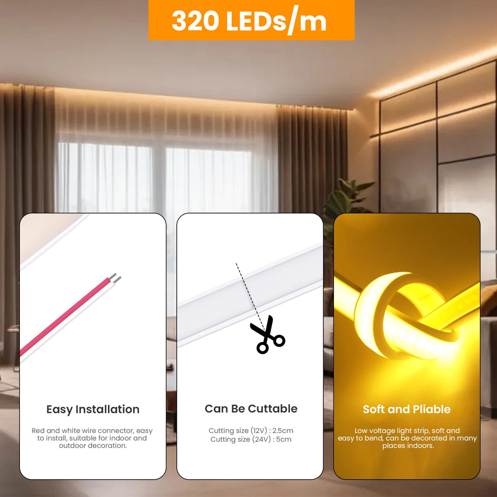Waterproof COB Neon Led Strip Light 12V 24V 320LEDs/m Linear Lighting IP67 Flexible Ribbon RA90 High Density Home Garden Decor
