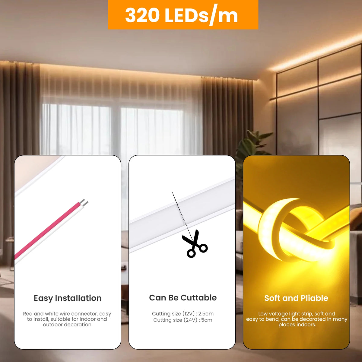 Waterproof COB Neon Led Strip Light 12V 24V 320LEDs/m Linear Lighting IP67 Flexible Ribbon RA90 High Density Home Garden Decor
