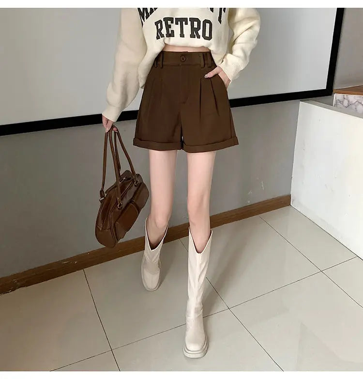 Women Office Lady Summer 2025 Solid Brown Thick High Waist Shorts Korean Style Wide Leg Boot Pants