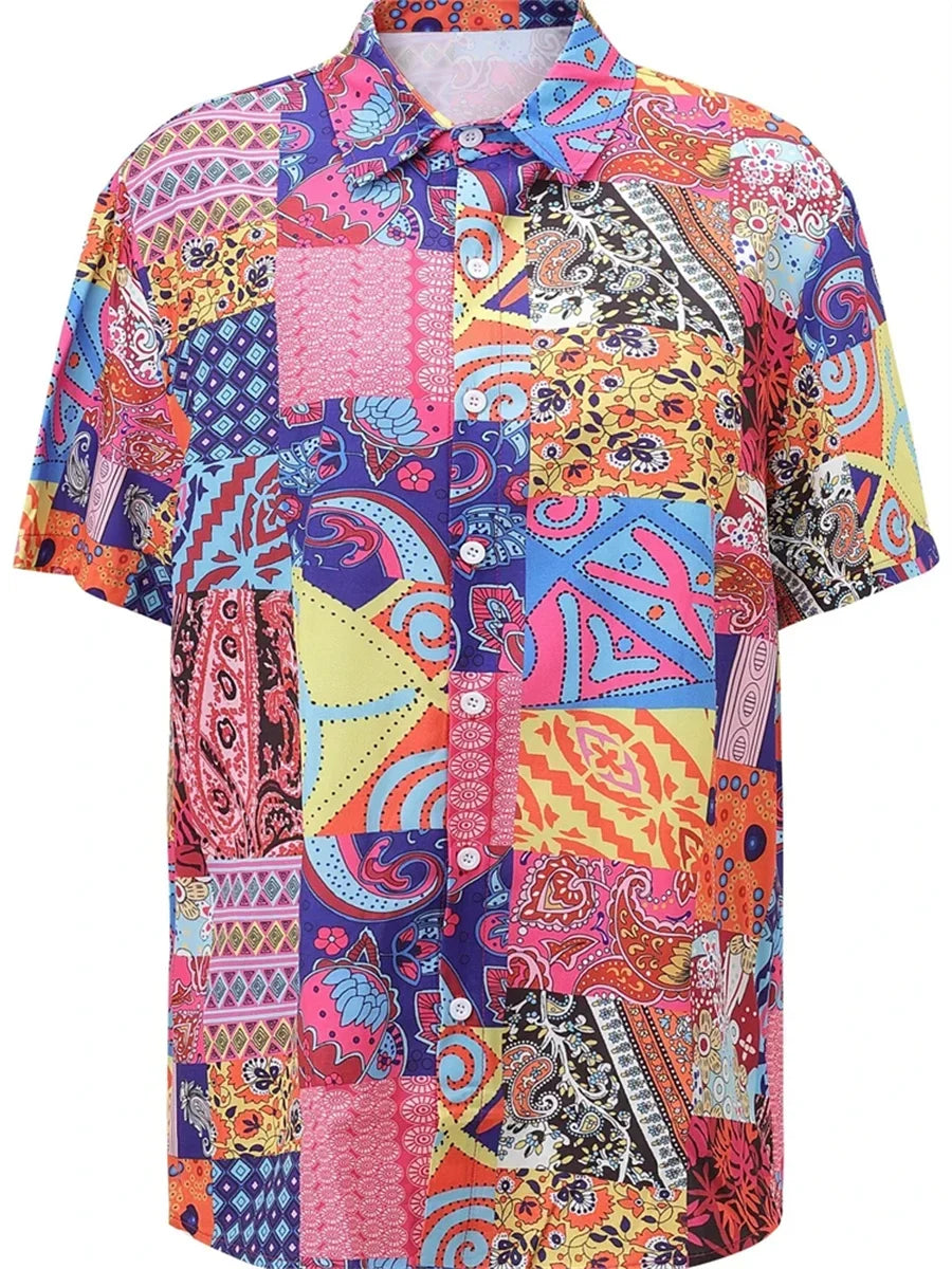 Men's Short-Sleeve Casual Loose-Fitting Lapel Hawaiian Shirt with Blue and White Porcelain Floral Print, New Summer Shirt