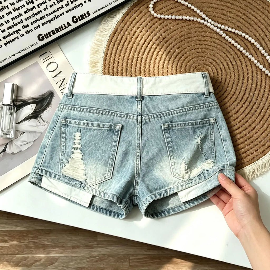 Retro Flanged Waist Ripped Denim Shorts Women's Summer Sexy Hip-wrapped Straight Hot Pants