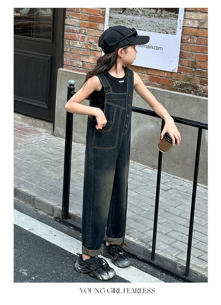 Elegant Children Jeans Jumpsuit with Broken Holes For Girls Fashion Overalls Streetwear Kids Denim Suspenders Pants With Strap
